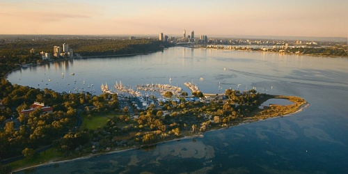 Aerial drone photo of Matilda Bay in the Swan River looking towards Perth City