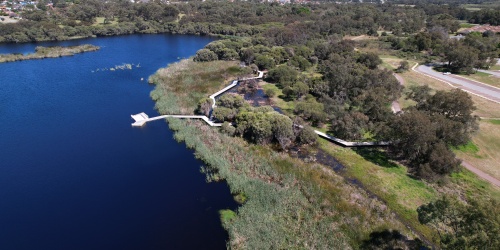 A drone shot of the new Lake Goollelal boardwalk on a sunny day
