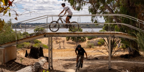 Two mountain bikers ride on a sunny trail; one crosses a bridge, and the other navigates the path below. 