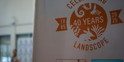 Close up of a banner that reads 'Celebrating 40 years of Landscope'