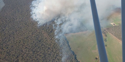 Aerial view of a prescribed burn in a forest landscape, with a large plume of white-grey smoke rising above the tree canopy. Adjacent farmland and tracks are visible alongside the forest edge. Part of the aircraft used to capture the image can be seen in the foreground.