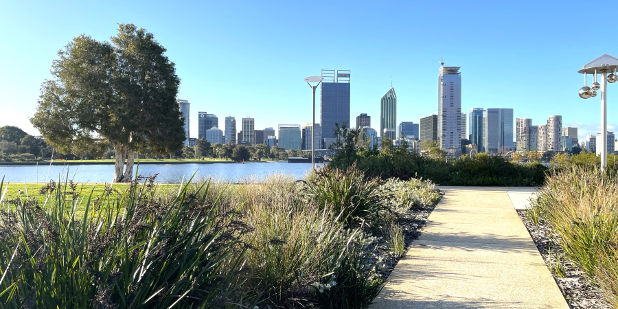 Millers Pool, South Perth Photo looking towards Perth City over the river. Path and vegetation in foreground. River and the city skyline in the background.