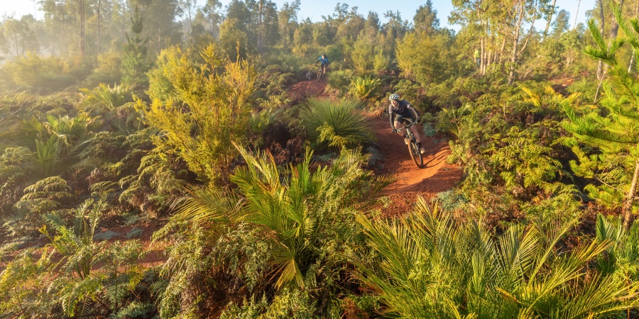 Two mountain bike riders through sunrise Murray valley trails. Photo Josh Cowling/Shire of Murray Two mountain bike riders through sunrise Murray valley trails. Photo Josh Cowling/Shire of Murray