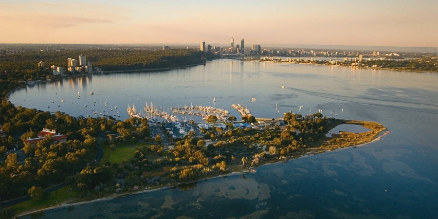 Aerial drone photo of Matilda Bay in the Swan River looking towards Perth City