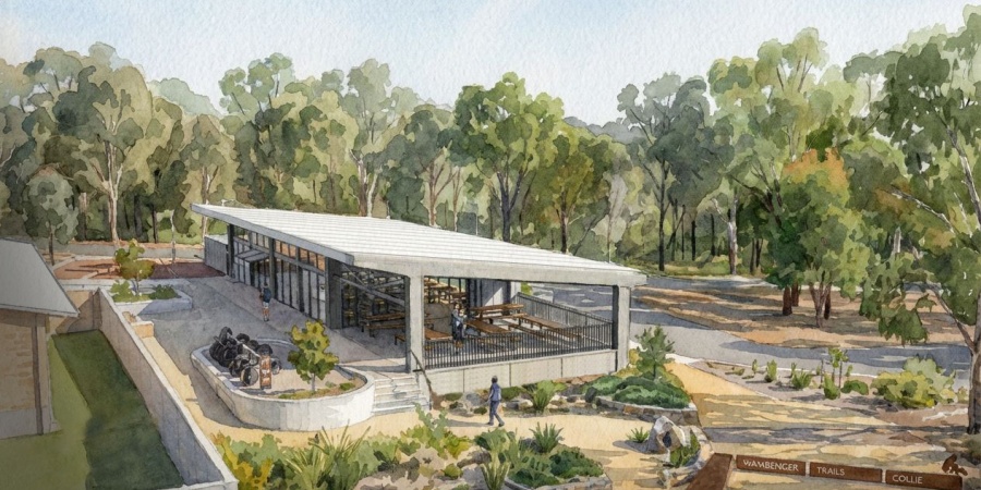 A watercolor-style architectural rendering of a modern visitor building surrounded by tall forest trees. The structure has a slanted roof, large glass walls, and an elevated deck with seating. Pathways, landscaped native plants, and signage leading to trail areas are visible in the foreground, with a person walking near the building.