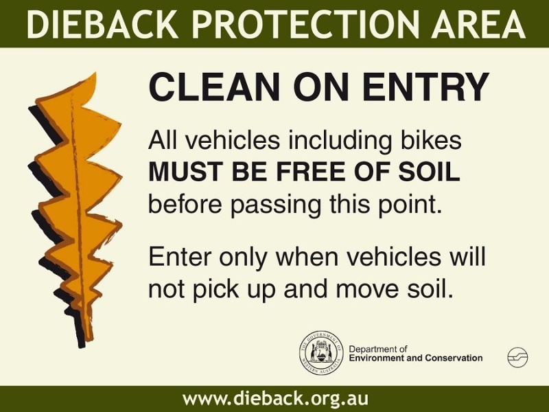 Dieback Protection Area Clean on Entry Sign depicting entry conditions