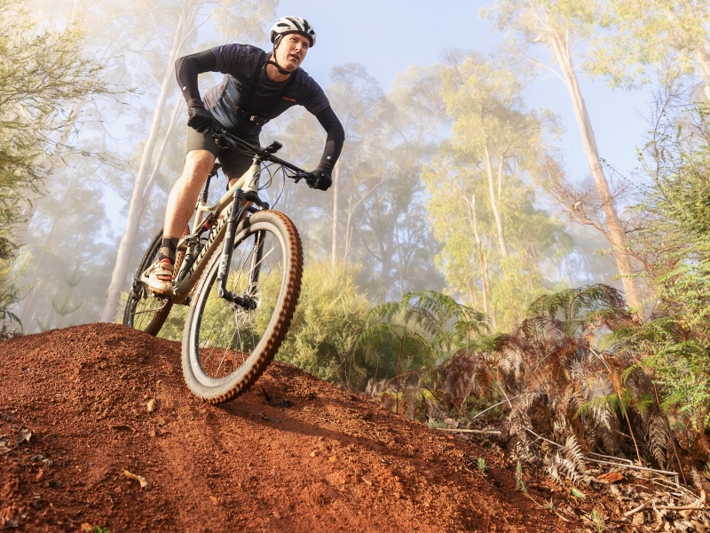 Murray Valley Trails mountain bikes man riding downhill. Photo Josh Cowling/Shire of Murray Murray Valley Trails mountain bikes man riding downhill. Photo Josh Cowling/Shire of Murray