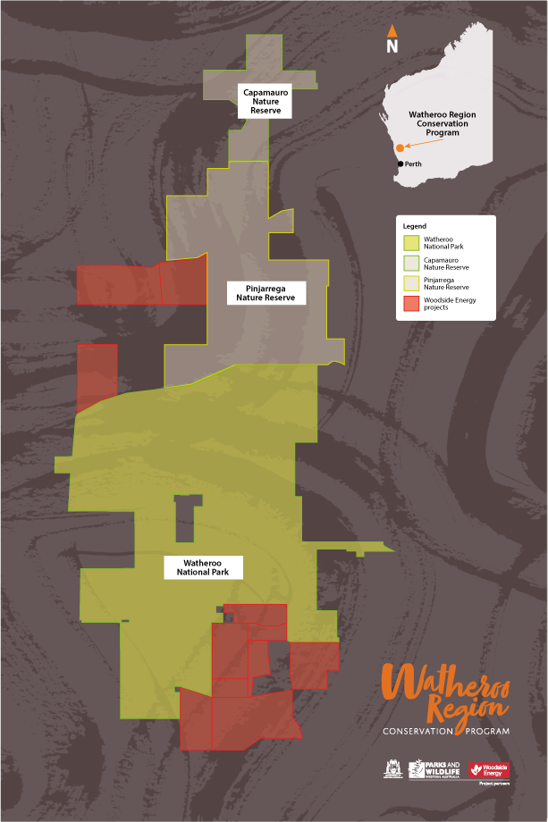 Map showing Watheroo National Park, nearby nature reserves and adjoining Woodside Energy land, with location indicated north of Perth.
