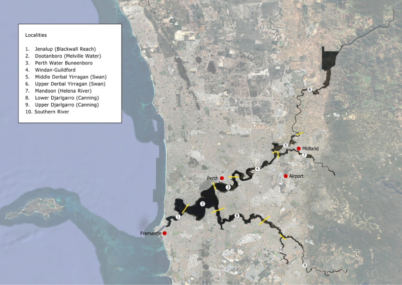 Map of the Perth metropolitan area depicting the localities of the Swan Canning River System