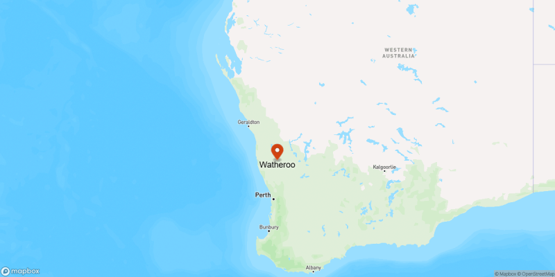 Map of Western Australia showing a location pin marking Watheroo, positioned inland north of Perth and south of Geraldton, with surrounding towns and coastline visible against a blue ocean background.