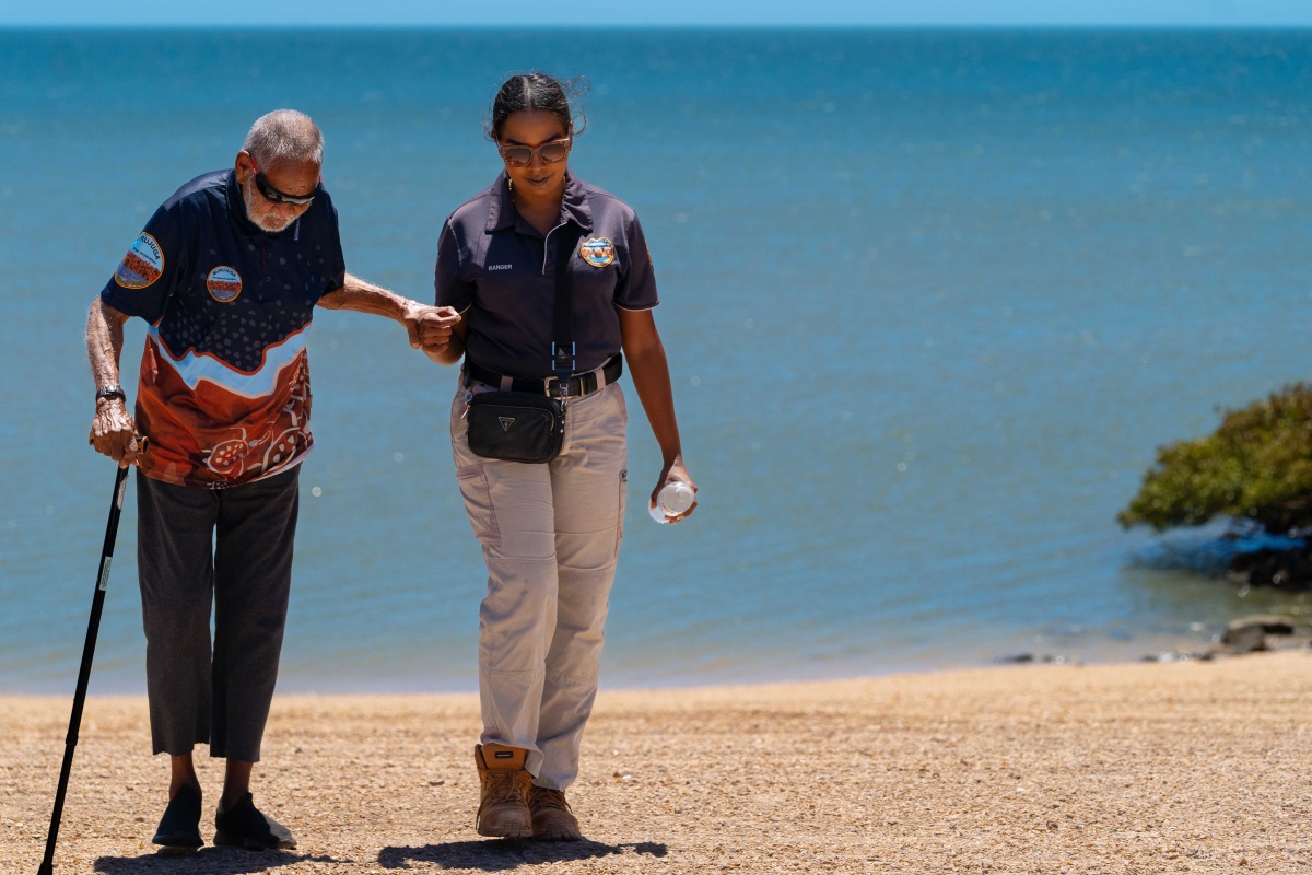 Elder Tim Douglas and Ranger Sarah Hicks at Hearson Cove, Murujuga_Fuzz Digital for Murujuga Aboriginal Corporation