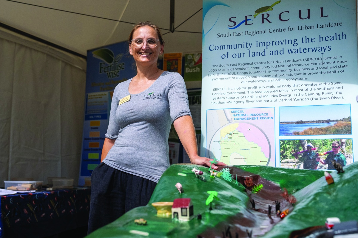 Natasha Bowden showing the SERCUL catchment model. Photo - DBCA