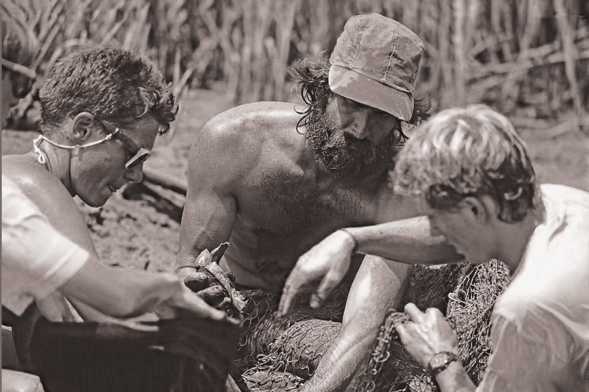 Three men taking measurements of a turtle 