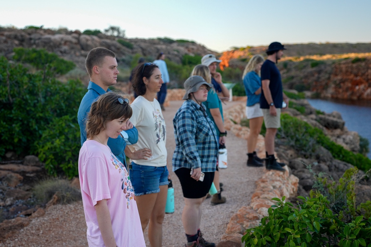 Nine people look out at the beautiful scenery in the setting sun, overlooking a river and greenery. 