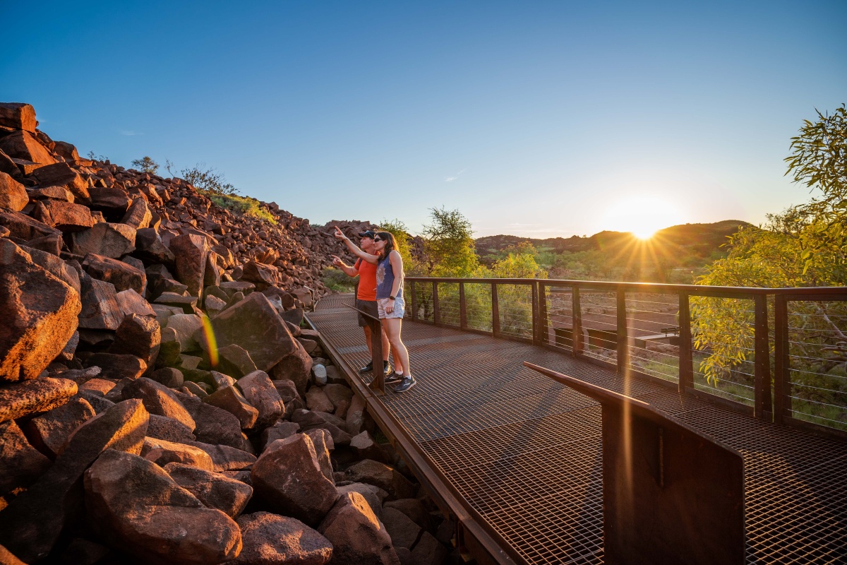 Visitors enjoying the Nganjarli Art Viewing Trail, Murujuga National Park. Photo – D FowlerFuzz Digital Media