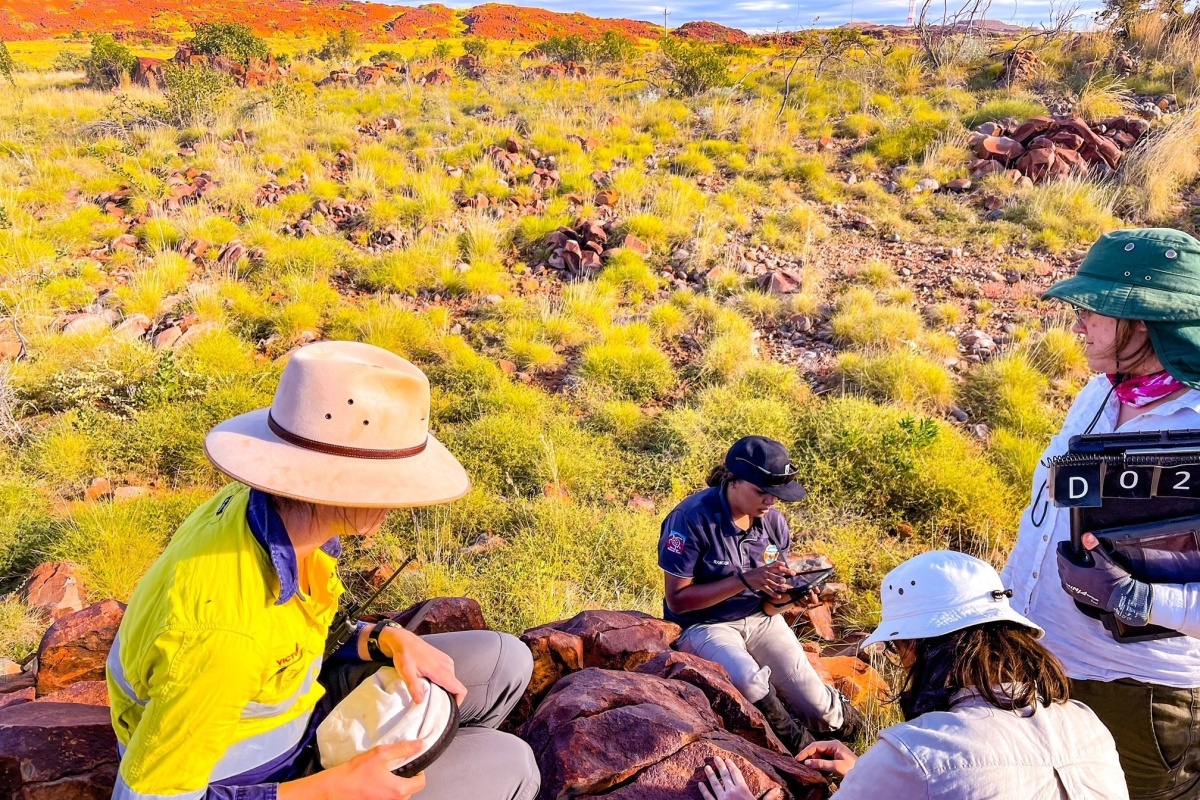 Murujuga rangers and students from the Centre for Rock Art Research and Management record rock art during the annual rock art field school. Photo – J McDonald/Centre for Rock Art Research and Management 