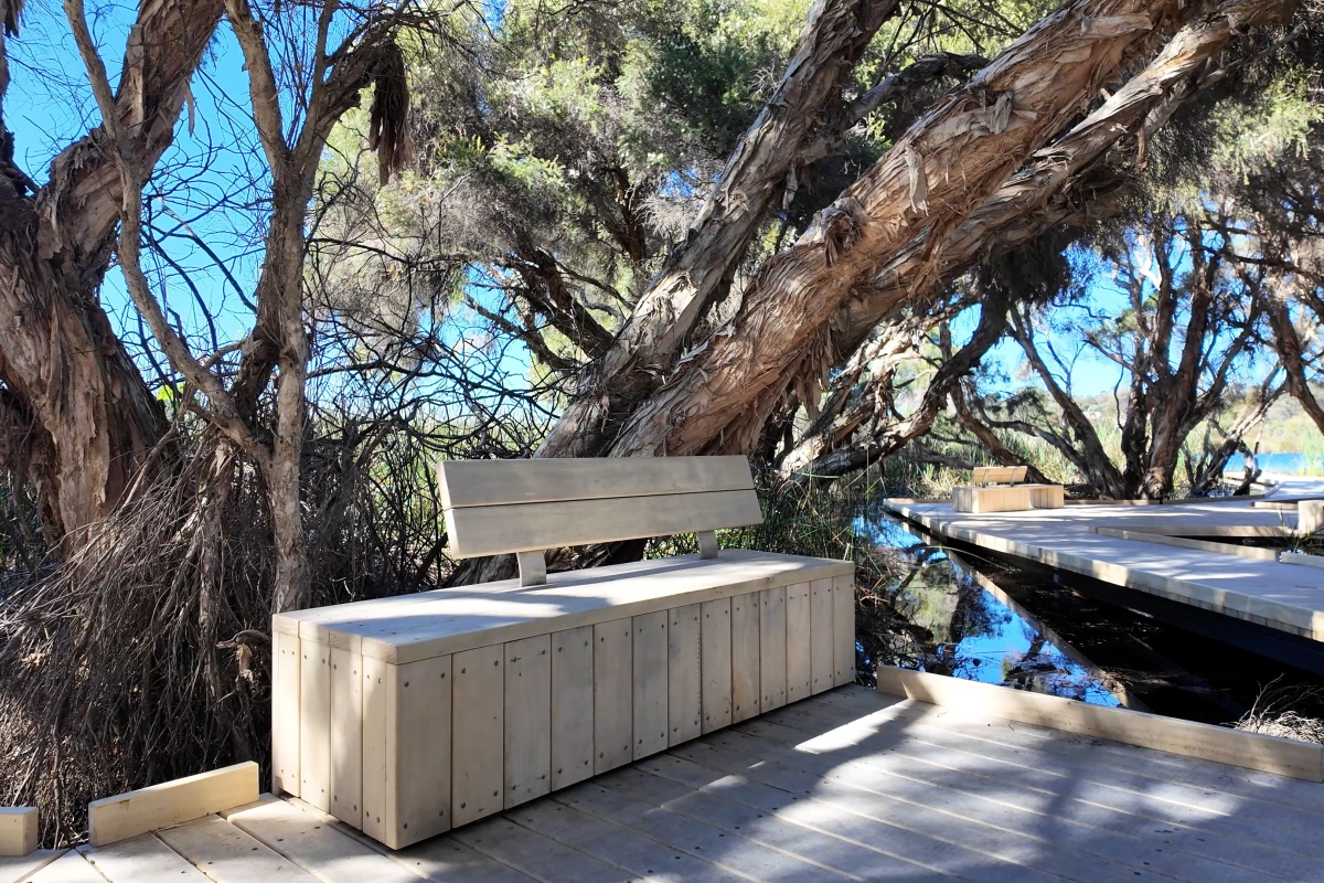 A bench on the boardwalk beneath the shade of the trees