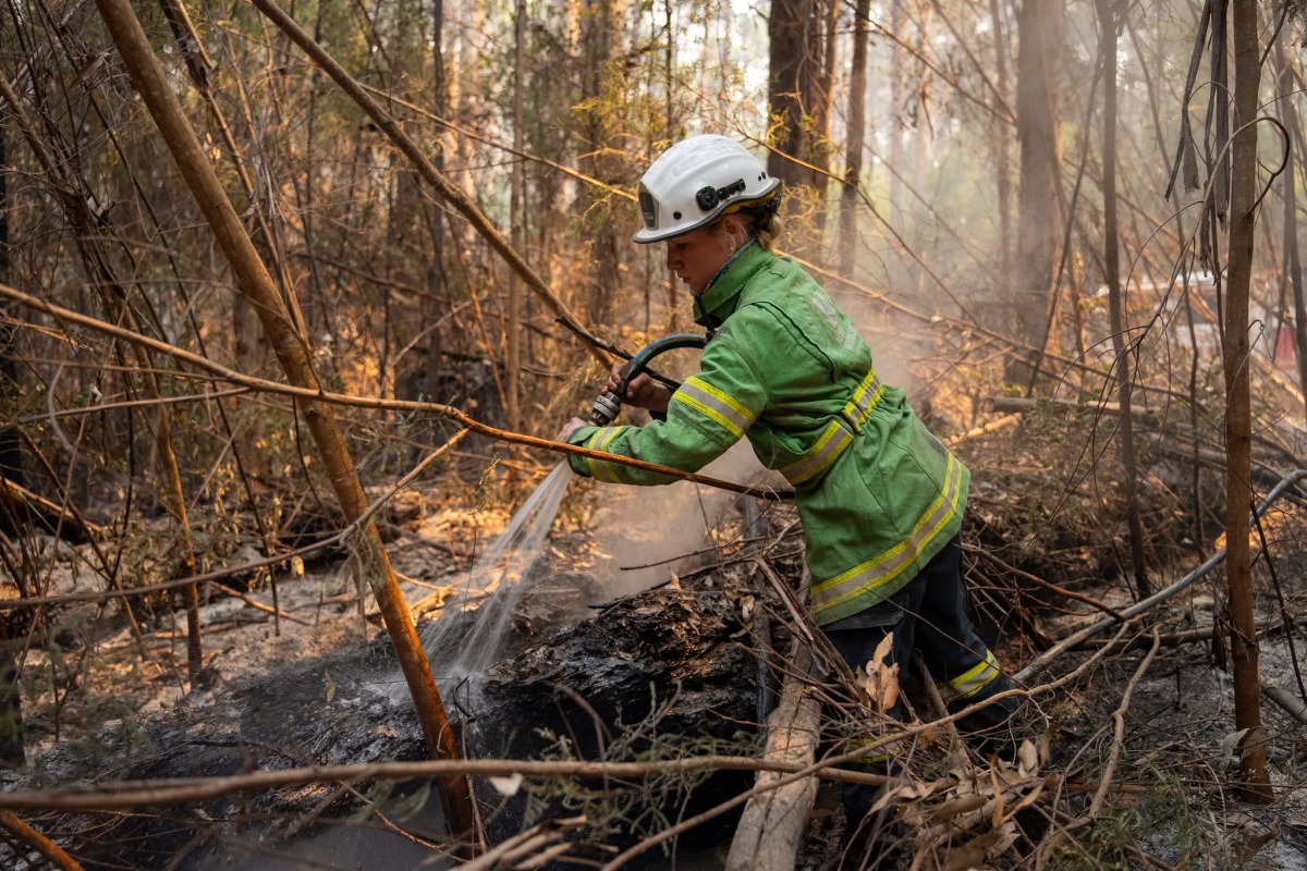 A woman uses a fire hose on a smouldering fire ground