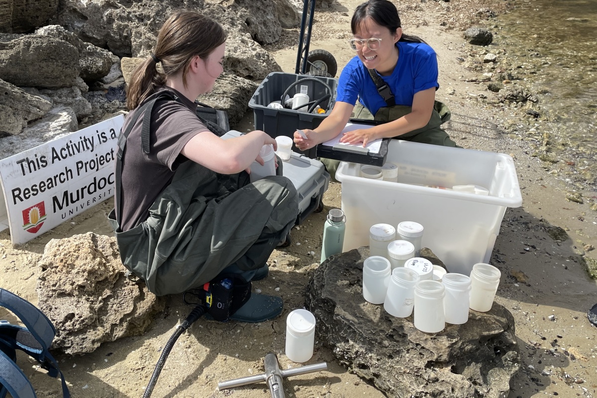 Emily and Ruth collating seagrass invertebrate samples to be taken to Murdoch University for sorting. Photo – Kerry Trayler/DBCA