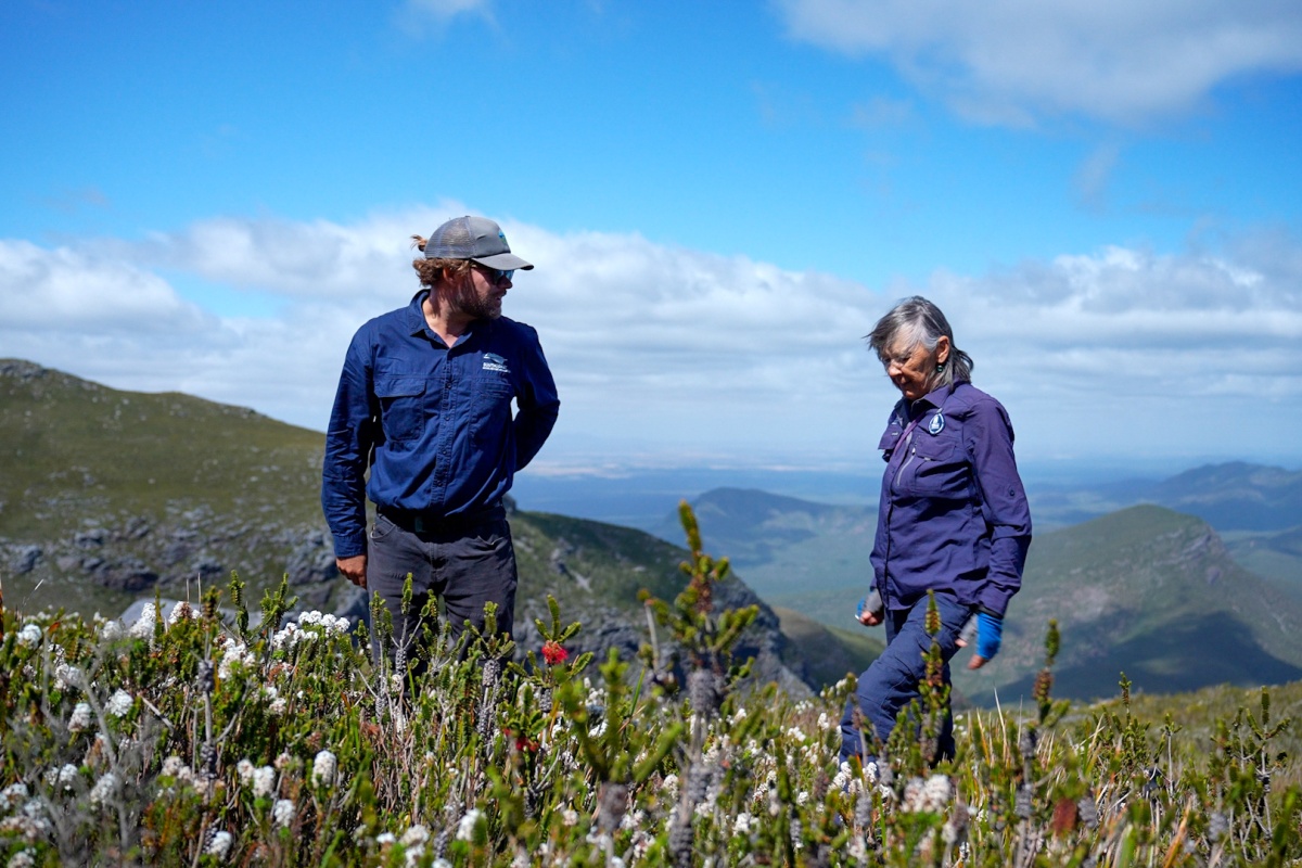 A man and a woman stand in a field of flowers upon a mountaintop