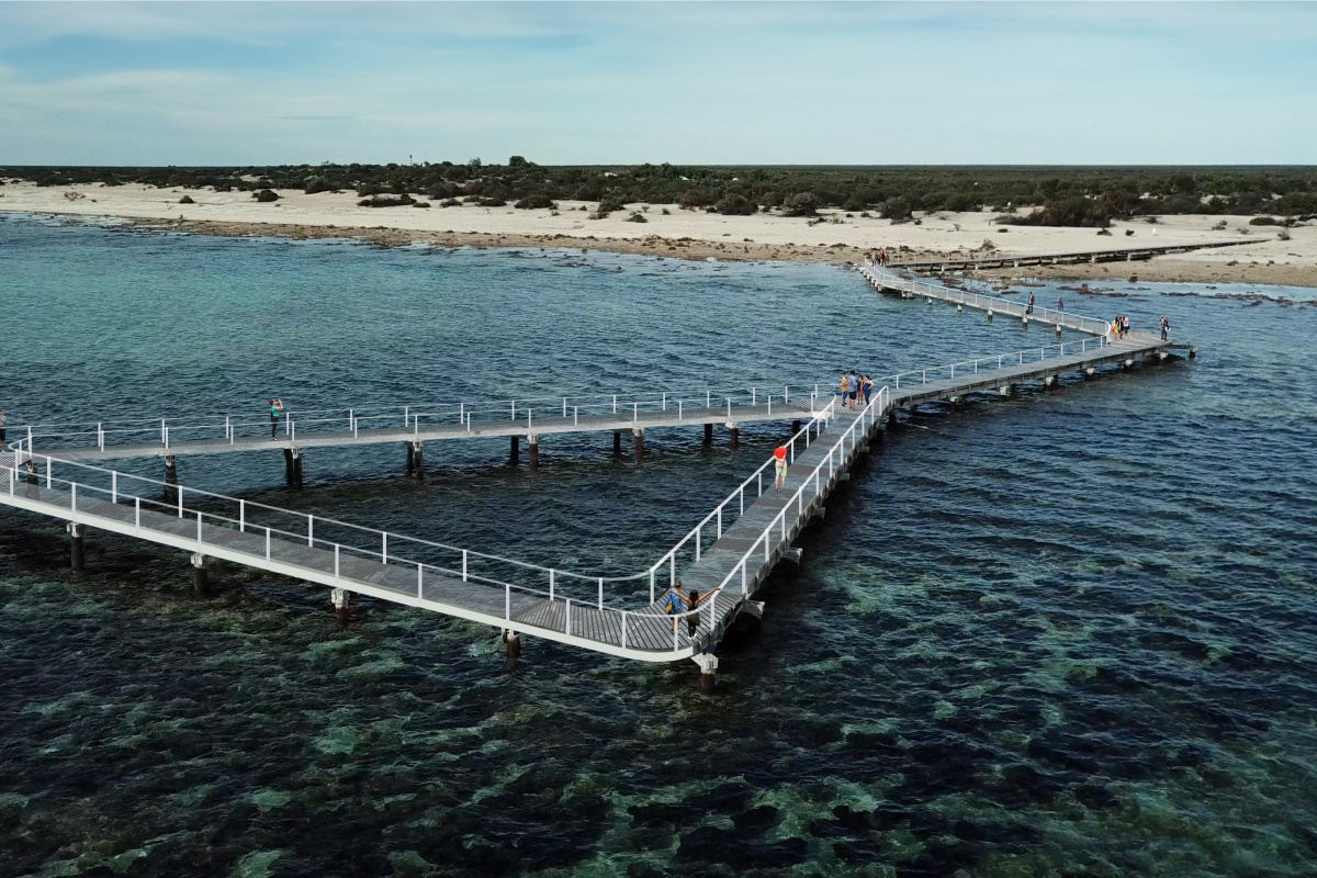 Aerial view of a low, curved boardwalk extending over shallow, clear water, with dark seagrass beds below and a sandy shoreline visible in the background.