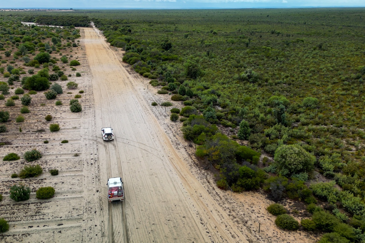 Aerial view of a sandy unsealed road cutting through low, green shrubland, with two four-wheel-drive vehicles travelling along it. Sparse vegetation and patches of cleared land lie on one side, with denser bushland on the other, stretching to a flat horizon under a cloudy sky.