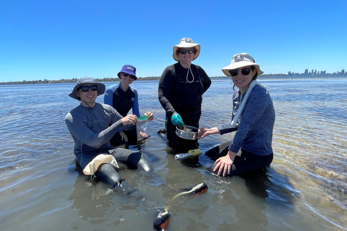 Four people kneel in a shallow river among seagrass holding scientific tools and smiling